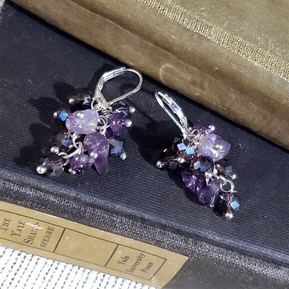 Handcrafted Natural Amethyst Gemstone Czech Crystal Beads Silver Plated Earrings - Picture 1 of 14